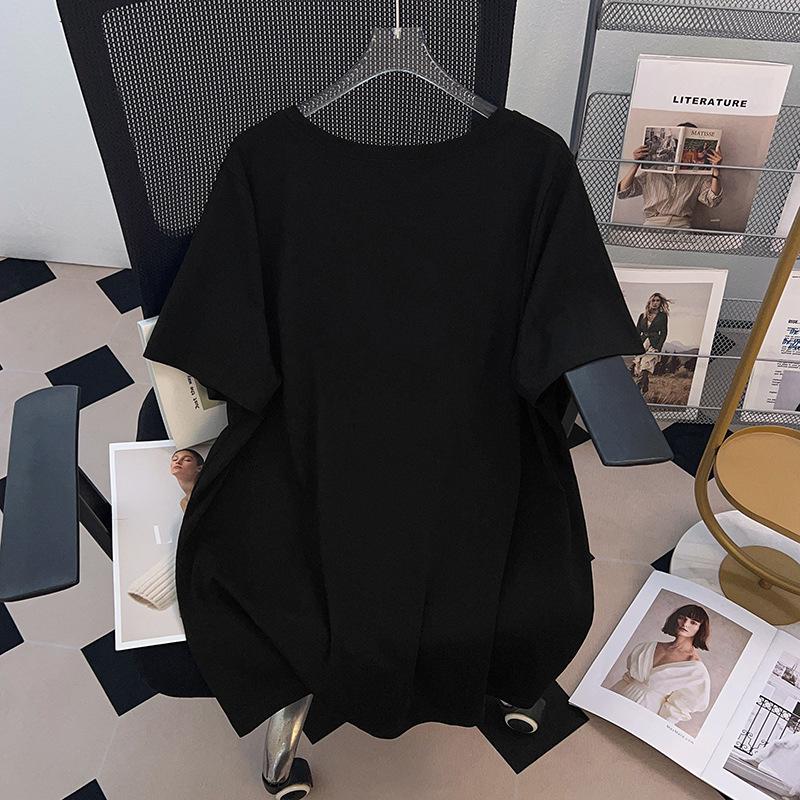 Plus Size Loose Fit Mid-Length Round Neck T-Shirt for Women (Short-Sleeve, Slimming, Belly Covering, Available In Sizes 200/300/350 Jin)