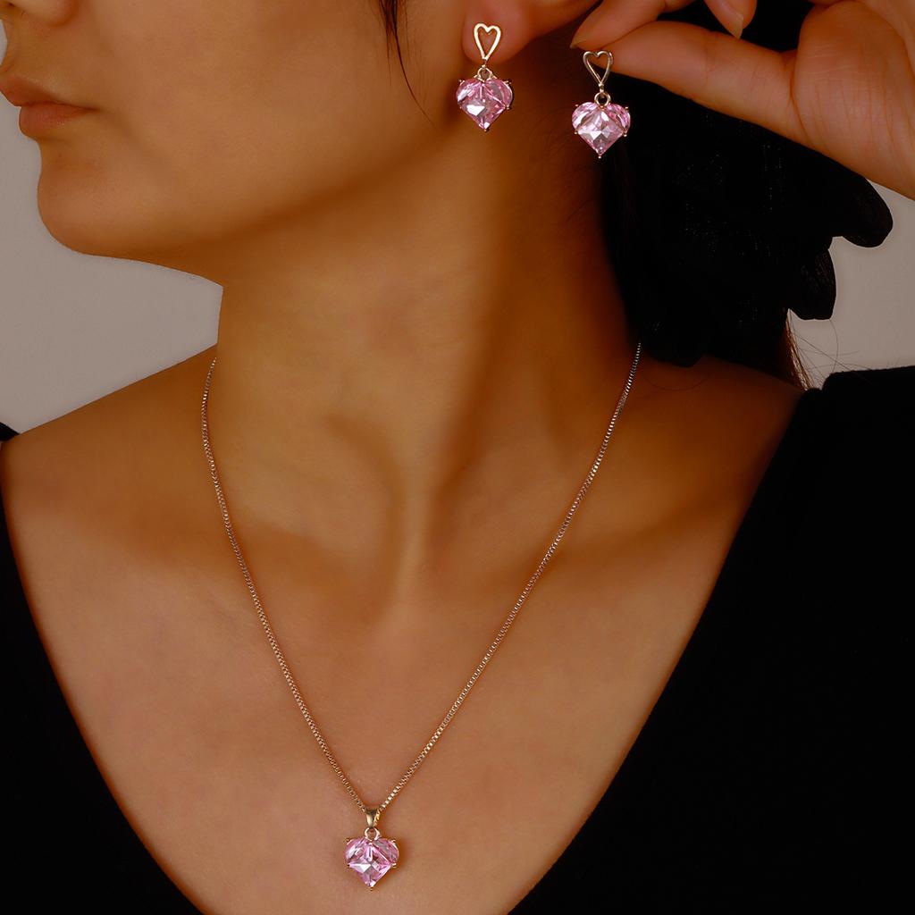 Hot Sale Valentine's Day Pink Necklace Peach Heart Necklace Earrings Women's Pendant Necklace Earrings Jewelry Set