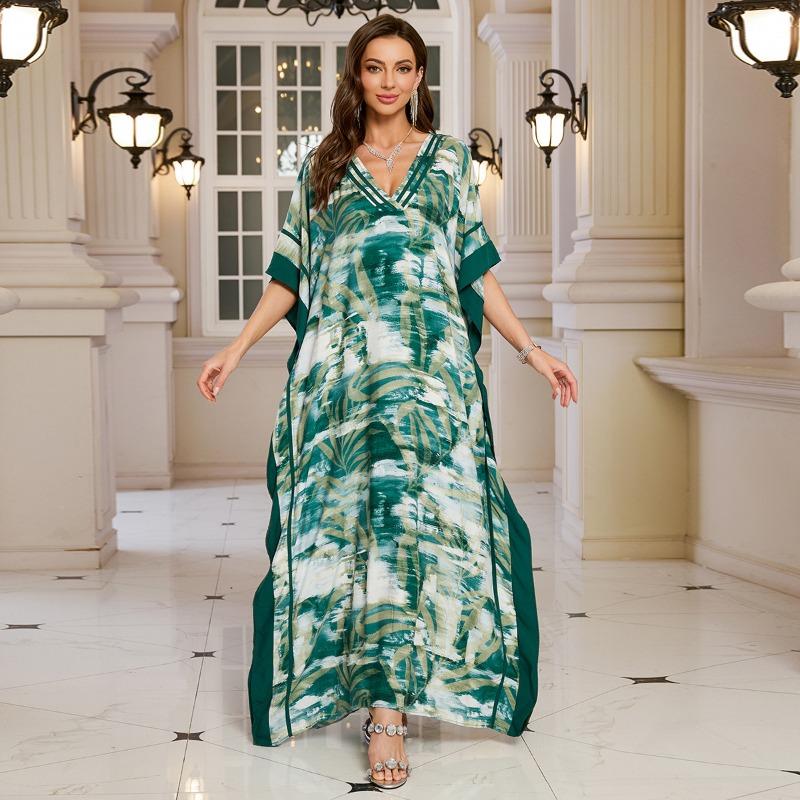 Women's Fashion Summer Spring Solid Color Print 1/2 Sleeves V-Neck Loose Waistline Casual Dresses