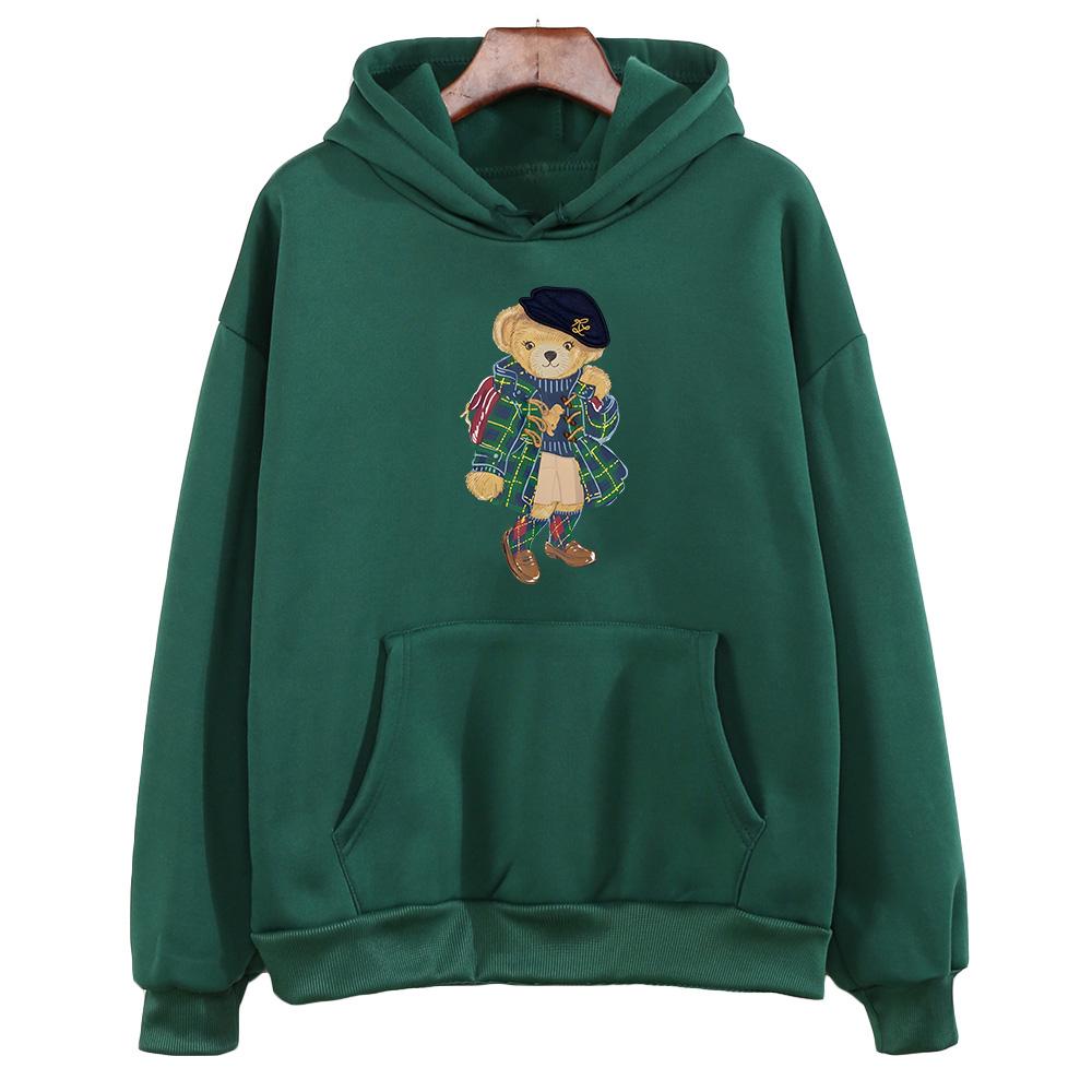 Cute Bear Printing Hoodies Women Trendy Sweatshirts Winter Fleece Clothing Comfortable Casual Long Sleeve Oversized Pullovers