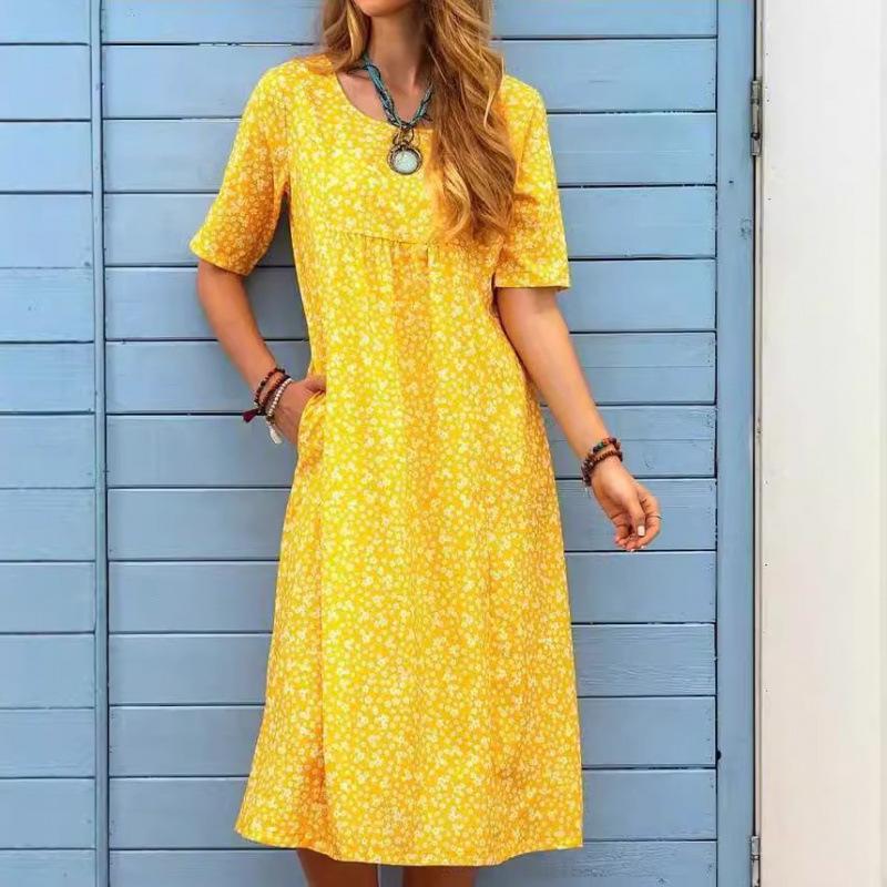 

Женская мода лето весна однотонный принт с коротким рукавом и круглым вырезом с высокой талией повседневные платья M жёлтый