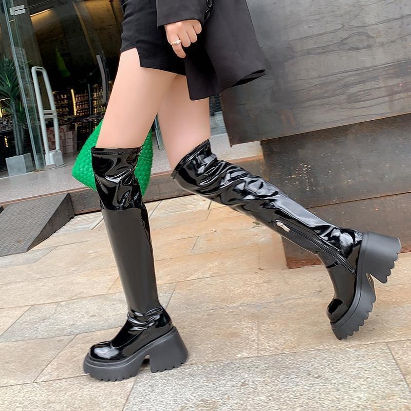 Raised bottom square head thick heel high boots women's 2025 autumn and winter new glossy thick-soled waterproof table elastic thin boots