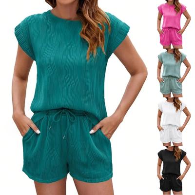 Women's Fashion Loose Solid Color Round Neck Sleeveless Top Pocket Shorts Casual Set