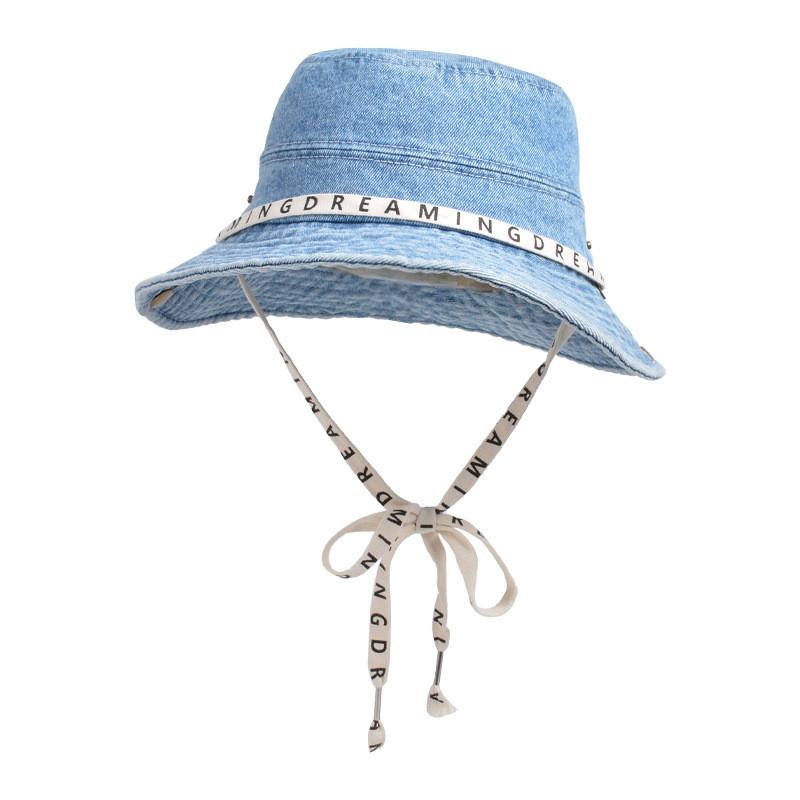 Summer Fashion Letter Strap Wide Brim Denim Fisherman Hat With Sun Protection For Women