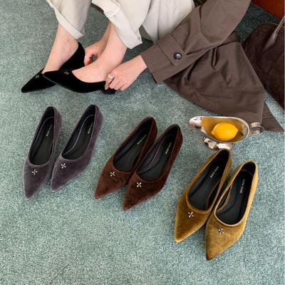 Pointed Thick Heel Shallow Mouth Single Shoes Women's 2025 Spring and Autumn New French Black Suede Temperament Versatile Low Heel Women's Shoes