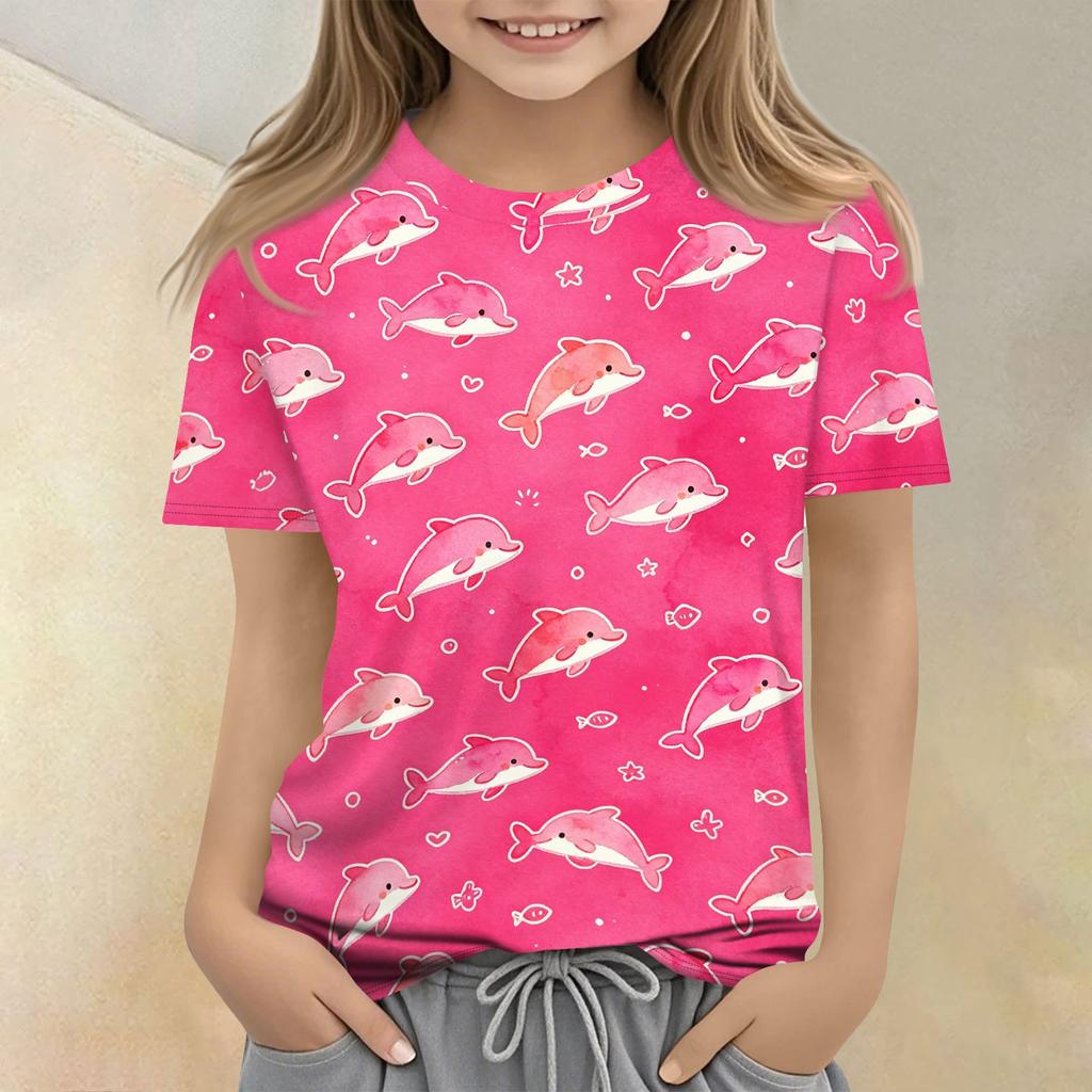 Kids Animal Print Crew Neck Short Sleeve Casual Loose Fit T Shirt Comfortable Cotton Blend Fabric Soft Texture Summer Wear