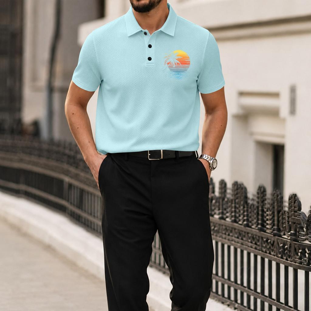 Men Short Sleeve Polo Shirt with Turn Down Collar Ice Silk Material Casual Printed Design for Summer Comfort Wear