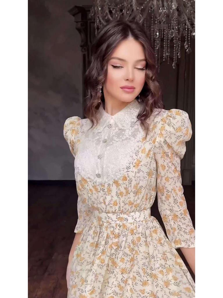 2024 Floral Lace Lapel Slim Fit Dress with Doll Collar