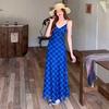 Lace Stitching Blue Plaid V-neck Suspender Dress Women's Summer Vacation Skirt Spice Girl Slim A-word Long Dress