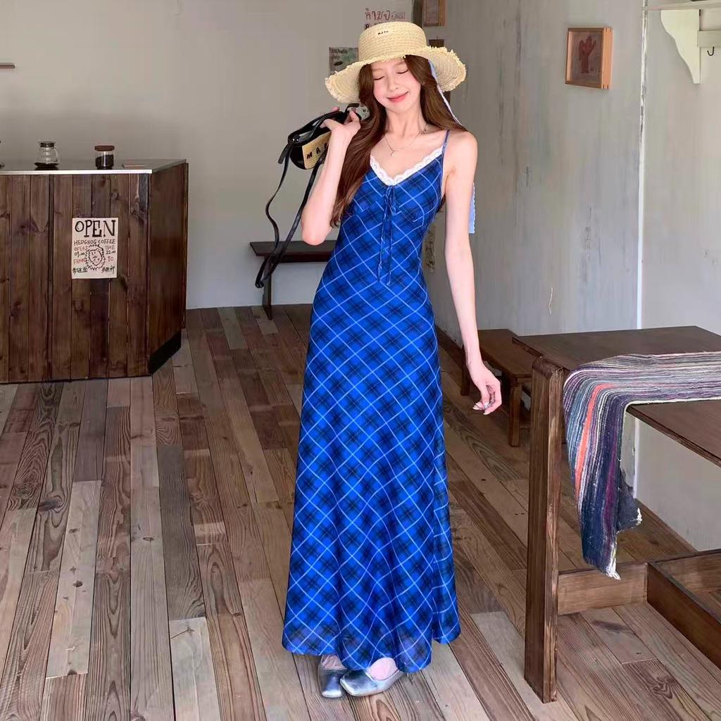 Lace Stitching Blue Plaid V-neck Suspender Dress Women's Summer Vacation Skirt Spice Girl Slim A-word Long Dress