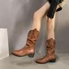 Koreanischer Stil Spitzschuh Blockabsatz V-Ausschnitt Geraffte Kurze Stiefel für Damen - 2025 Frühling/Herbst Western Cowboy Ritter Stil