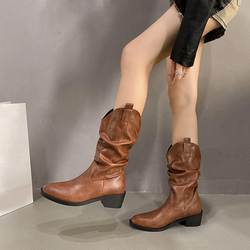 Koreanischer Stil Spitzschuh Blockabsatz V-Ausschnitt Geraffte Kurze Stiefel für Damen - 2025 Frühling/Herbst Western Cowboy Ritter Stil