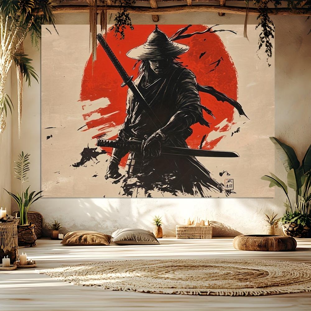 Samurai Double Sword Background with Red Pattern Wall Cloth Art-Modern Polyester Reusable Cultural Decorative Tapestry 100X70CM