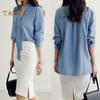 Camisa de verano para mujer, cuello en V, cuello con cordones, manga larga, jersey, tops de color liso, corte holgado, tops de oficina para mujer, ropa de trabajo