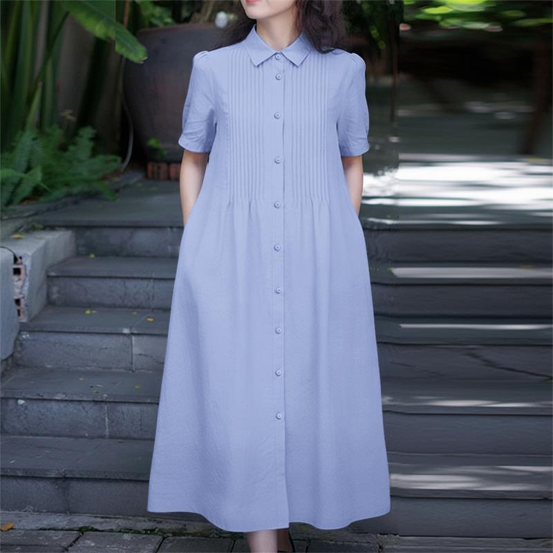 ZANZEA Women Casual Turn Down Collar Short Sleeve Long Dress 2XL синий