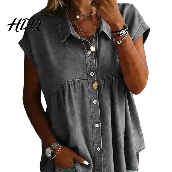 Casual Women Shirt Denim Shirt Lapel Short Sleeve Tops Pure Color Lightweight M