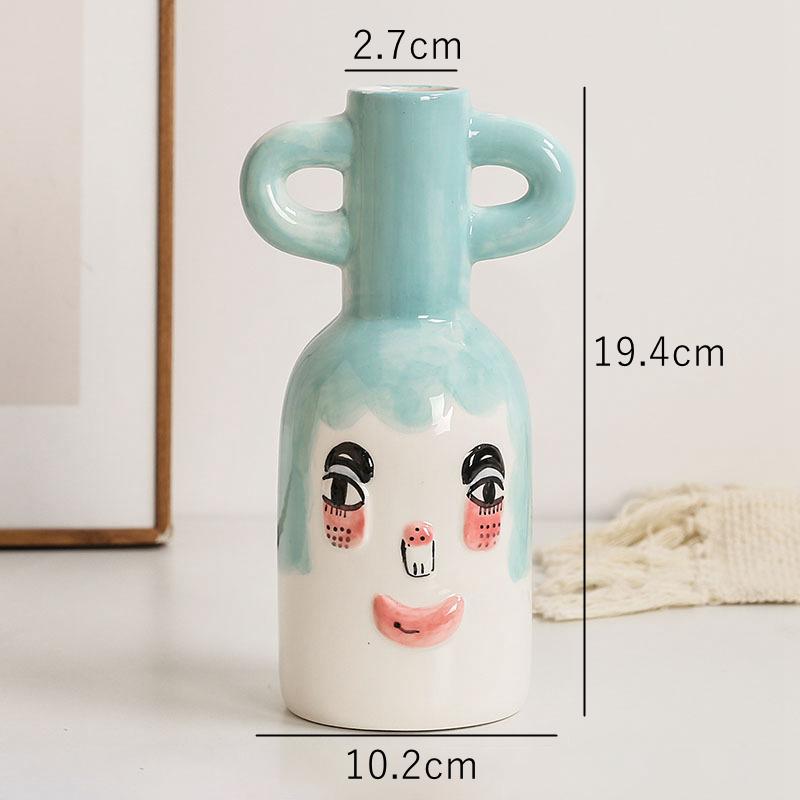 Vaso de flores de cerâmica pintado à mão, enfeite de mesa, decoração para casa, vaso de rosto de desenho animado com alça dupla