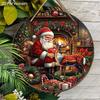 Santa and Reindeer Fireplace Merry Christmas Round Wooden Hanging Sign, 2D Flat Printed Embossed Christmas Door Wall Ornament, Xmas Home Decor Gift