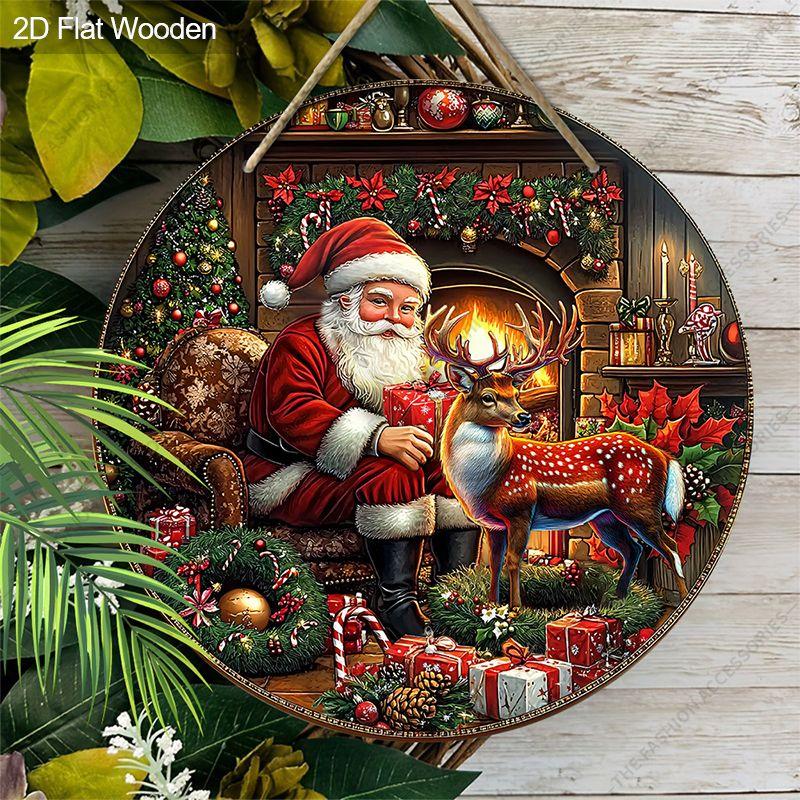 Santa and Reindeer Fireplace Merry Christmas Round Wooden Hanging Sign, 2D Flat Printed Embossed Christmas Door Wall Ornament, Xmas Home Decor Gift