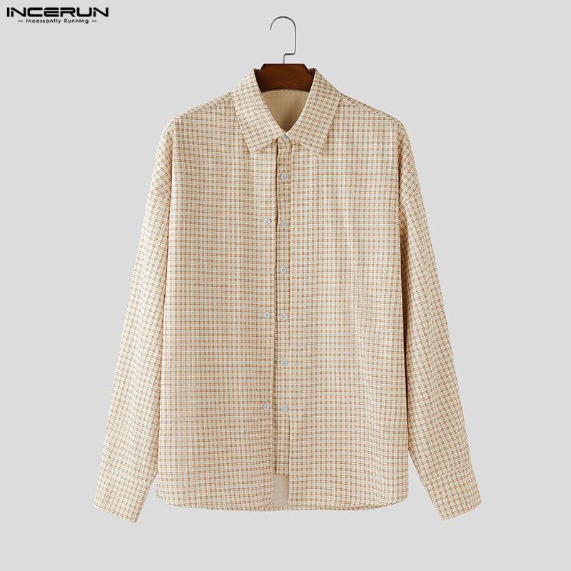 INCERUN Oversized Men Lapel Neck Long Sleeve Buttons Double Layers Casual Plaid Shirts