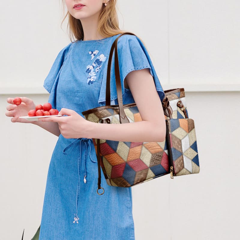 Contrasting color plaid splicing shoulder handbag