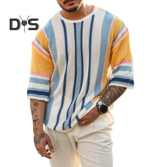 

Мужской свитер с полосатым принтом, круглым вырезом, трикотажным коротким рукавом, подходящим по цвету, свободный пуловер, эластичный, не садится, мужской свитер на лето, осень, весна M синий/белый