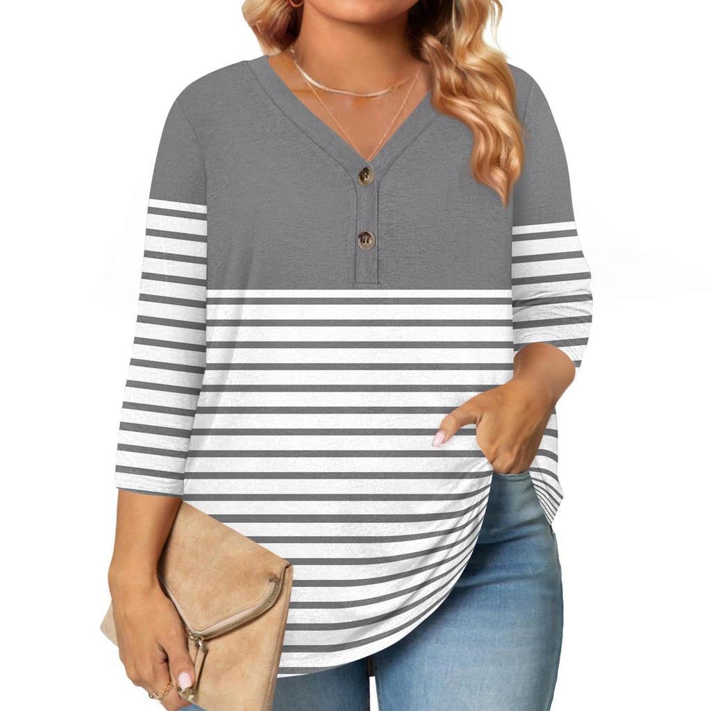 Womens 3/4 Length Sleeve Tops Plus Size Button Down V Neck Shirts Blouses Casual Printing Loose