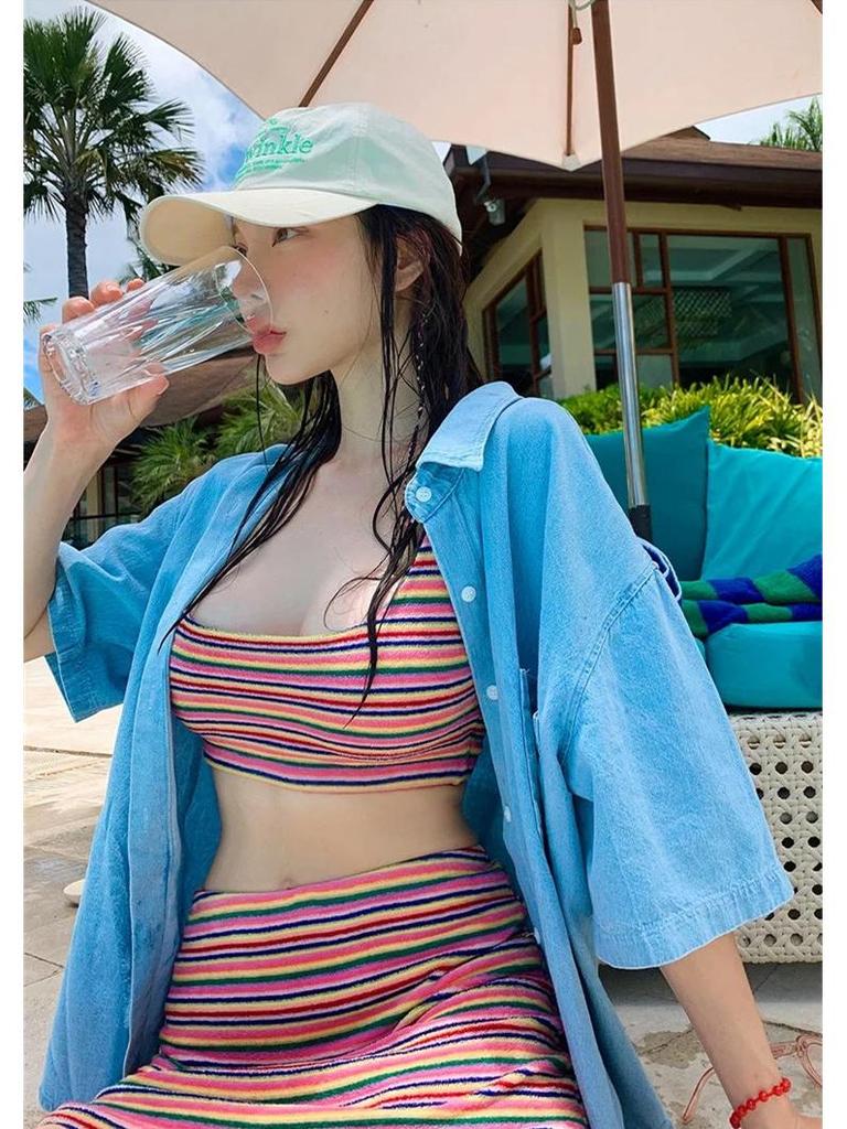 2025 Korea Sexy Rainbow Stripe High Waist Bikini Halter Swimsuit