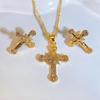 Ethnic Faith Cross Pendant Necklace & Earrings Set - Gold Plated Studs, Hip Hop Style Copper Jewelry