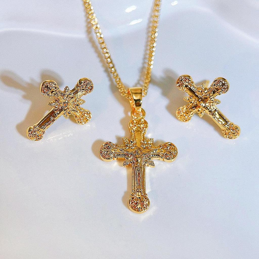 Ethnic Faith Cross Pendant Necklace & Earrings Set - Gold Plated Studs, Hip Hop Style Copper Jewelry
