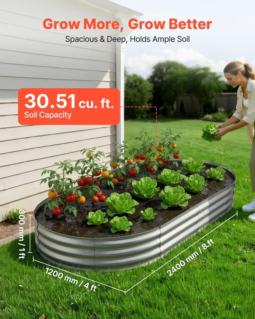 Galvanized Raised Garden Bed, 240 X 120 X 30 Cm, Oval Metal Planter Box Kit Outdoor, Bottomless Elevated Garden Box with Gloves, Rustproof Alu-Zinc,