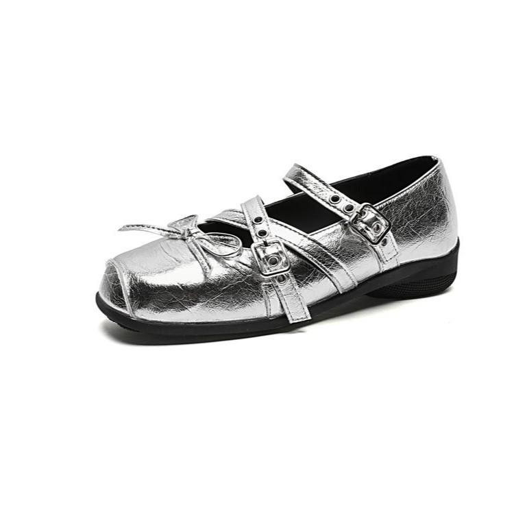 Mary Jane silver bow small single shoes women's 2025 new skirt French light mouth flat ballet shoes single shoes