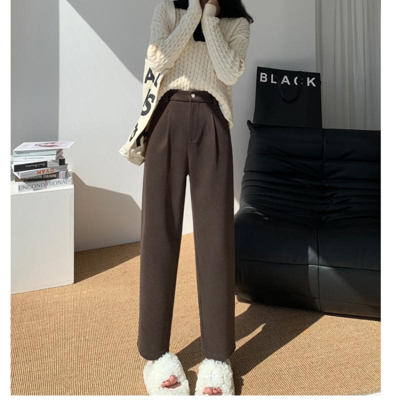 Autumn Winter High Waist Warm Thicken Wide Leg Pant Elegant Office Ladies Causal Loose Solid Simple Elegant Straight Trouser