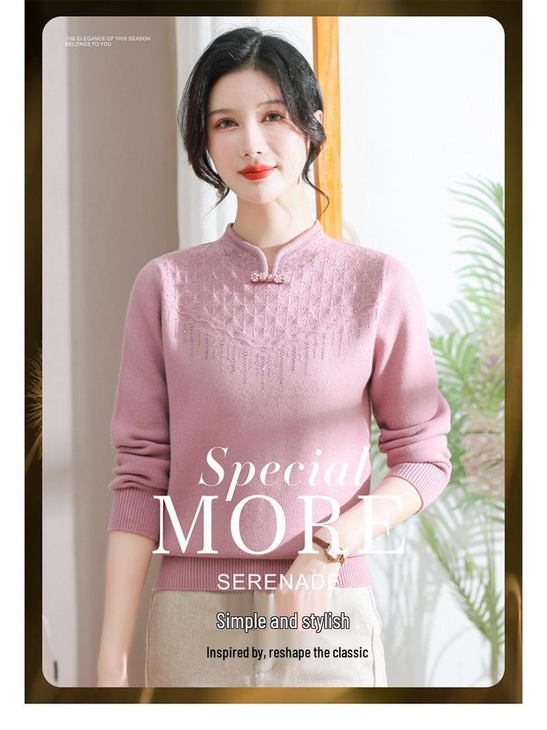 Autumn/Winter Fleece-Lined Knit Base Layer for Middle-Aged & Elderly Women - Half-High Neck, Thickened Fashion Sweater for Mothers