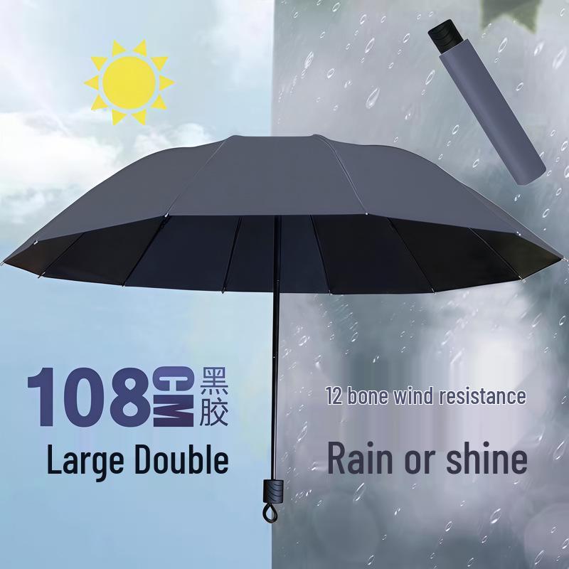 Yu Zhong Dual-Use Large Folding Umbrella for Men & Women, Sun & Rain Protection, Black Glue Shade, Perfect Gift.