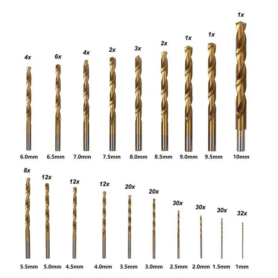 1 Set 230 Piece Titanium Coated Twist Drill Bit Set 135° Tip Metric 1.0-10mm For Metalworking Woodworking Plastic Drilling Etc