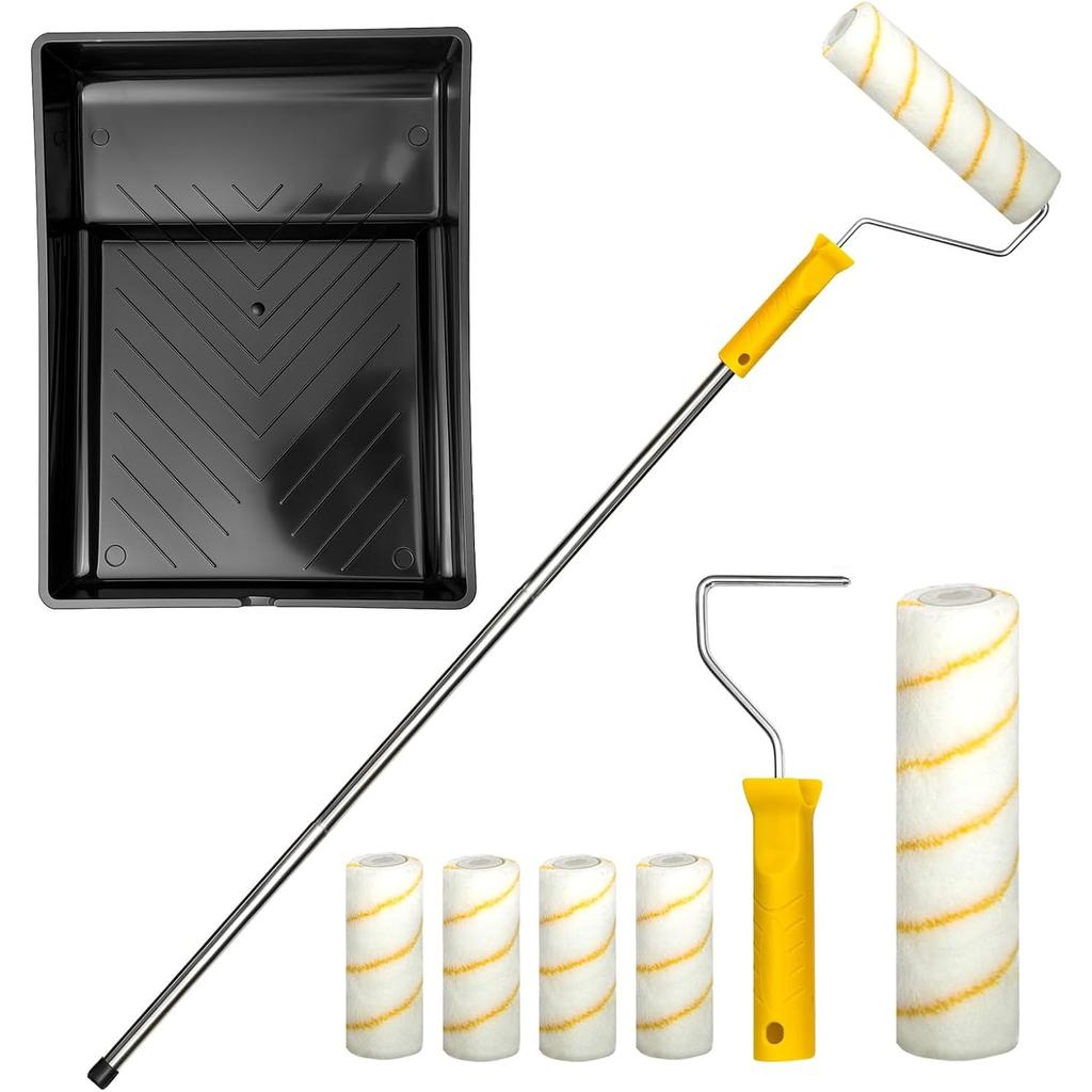 GROWNEER 10 PCS Paint Roller Set with Extension Pole, Large & Small Rollers and Tray – Effortless and Precise Painting for Walls, Ceilings, Doors