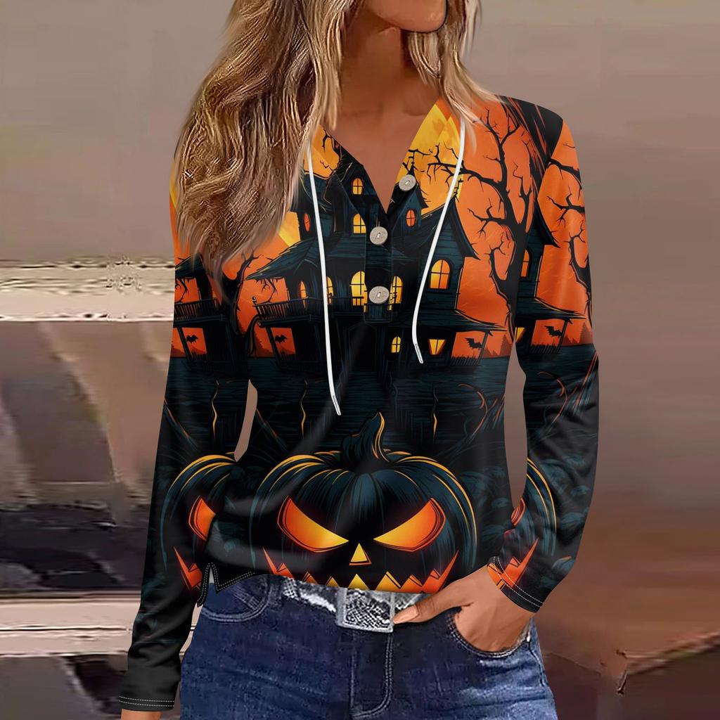 Damemote Uformelt Halloween-trykt hettegenser dekorert med knapp Langermet T-skjorteskjorte