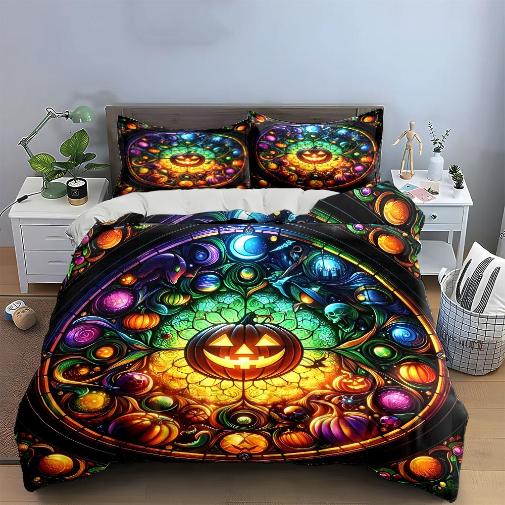 Halloween Decoration Set Pumpkin Artwork Bedding Set With 1 Duvet Cover 2 Pillowcases Single Double King Queen, Gift