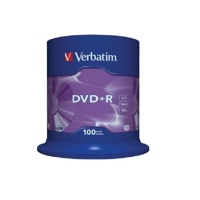 Verbatim DVD+R X 100 - 4.7 Go - DVD+R - Capacité 4.7 Go - Vitesse D'écriture 16x - Spindle De 100 Pièces