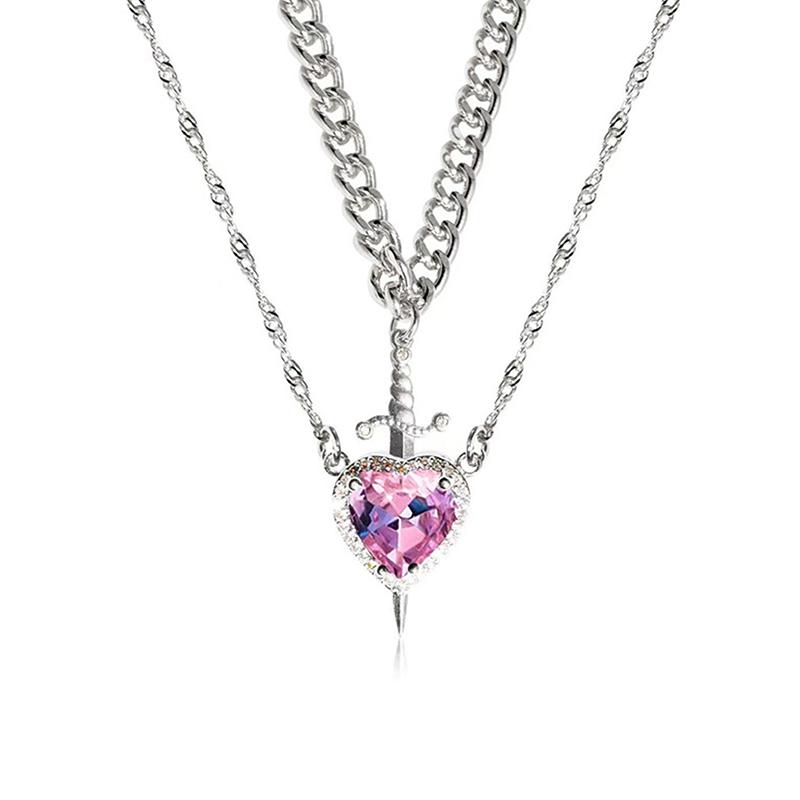 2pcs Fashion Creative Love Sword Heart Shape Pendant Necklace Couples Women and Men Party Jewelry Couple Gift Accessories