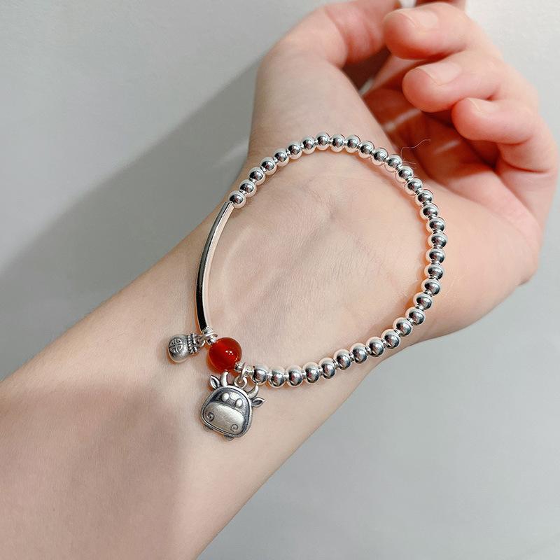 Silver bead blessing character natal cow bracelet female niche design light luxury retro exquisite advanced new