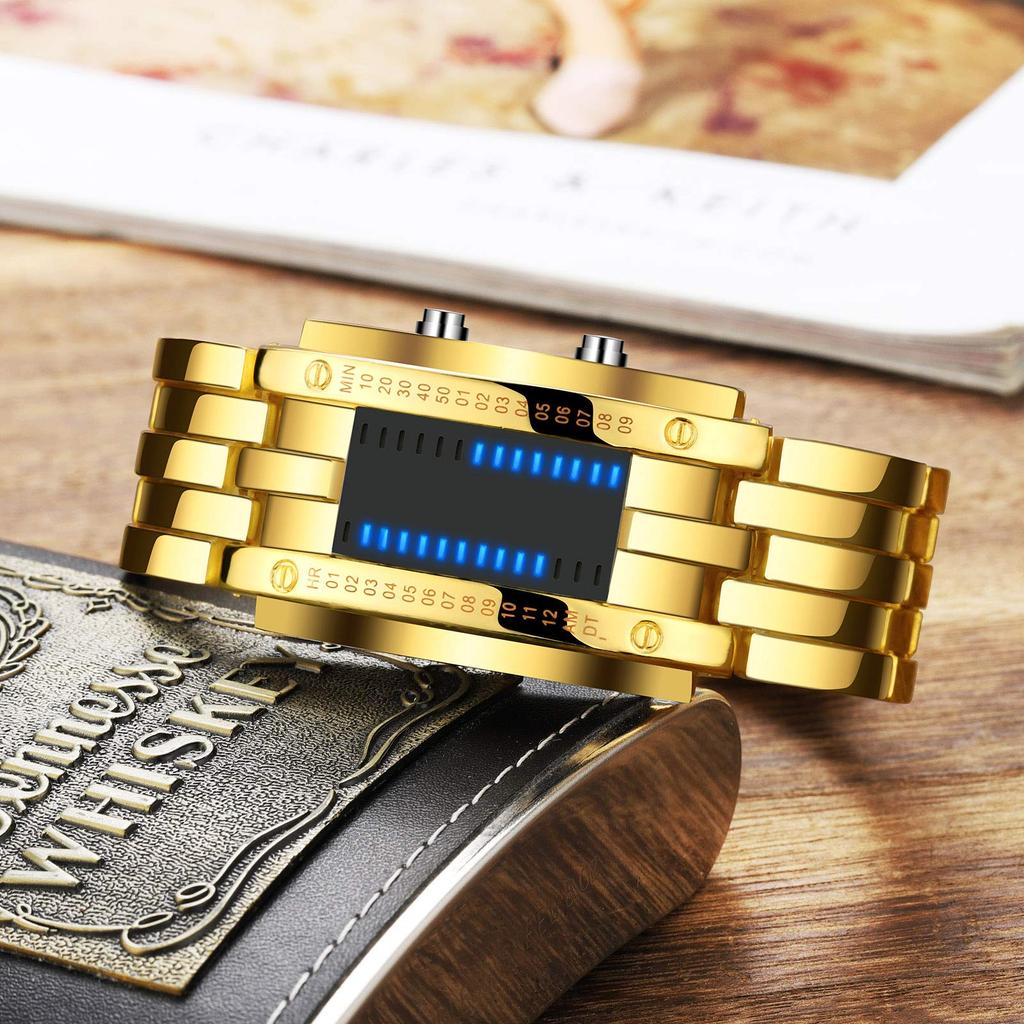 FANMIS Creative Binary Matrix Blue LED Digital Watch Fashion Classic Black Plated Waterproof LED Backlit Bracelet Men's Watch, Gold, Digital.