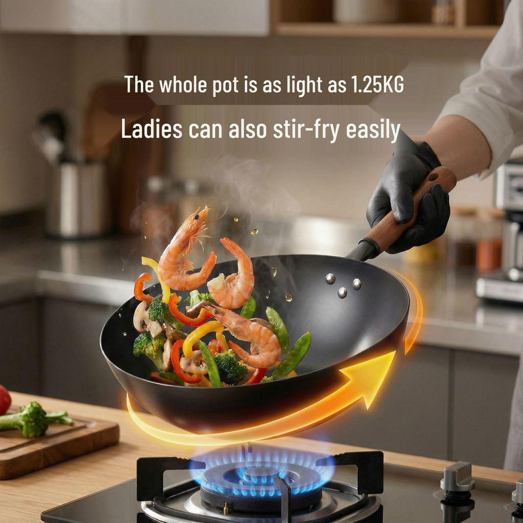 High-Purity Deep Nitrided Wrought Iron Wok, Traditional Non-stick, Old-fashioned Coating-free Iron Pot for Home Use.