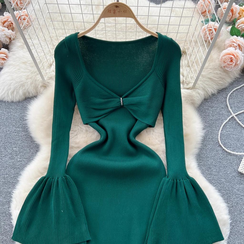 Sexy Bodycon V Neck Flare Pletené šaty s dlouhým rukávem Elegantní Elegantní Vestidos Podzimní Ženy Módní Hip zavinovací šaty