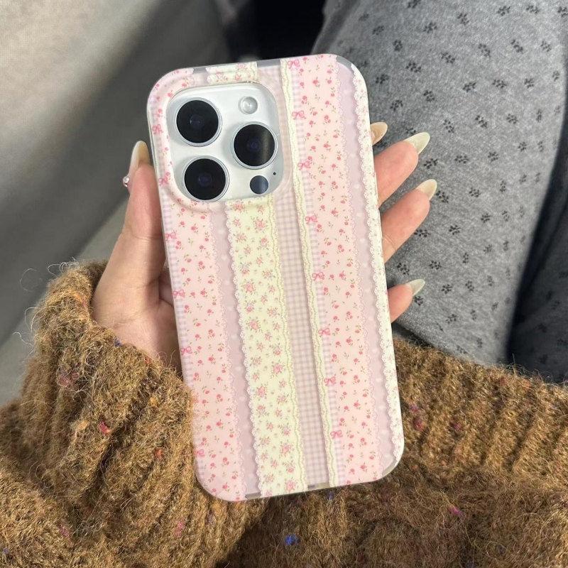 ins striped pink floral iPhone17promax mobile phone case for Apple 16promax white background imd15