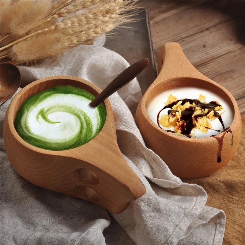 Non-Toxic Hand Carved Solid Lotus Wood Cup Kuksa Finnish Tableware With Handgrip Travel Wine Beer Cups For Bar Kitchen Gadgets