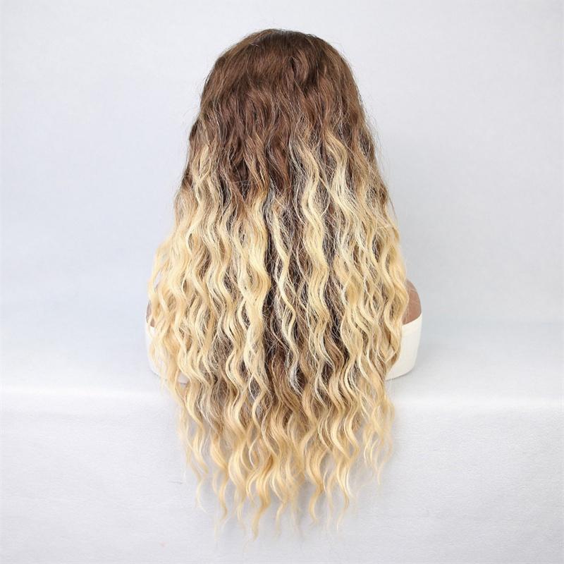 Synthetisches Haar Lange Blonde Lockige Perücken für Frauen Wellige Perücke Dunkle Ansätze Ombre Perücken Flauschig Charmant Täglich Party Damenperücken