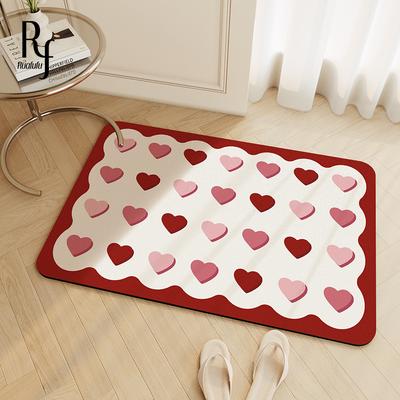 Red Love Bathroom Floor Mat, Toilet Door Foot Mat, High-end Diatom Mud Carpet, Bathroom