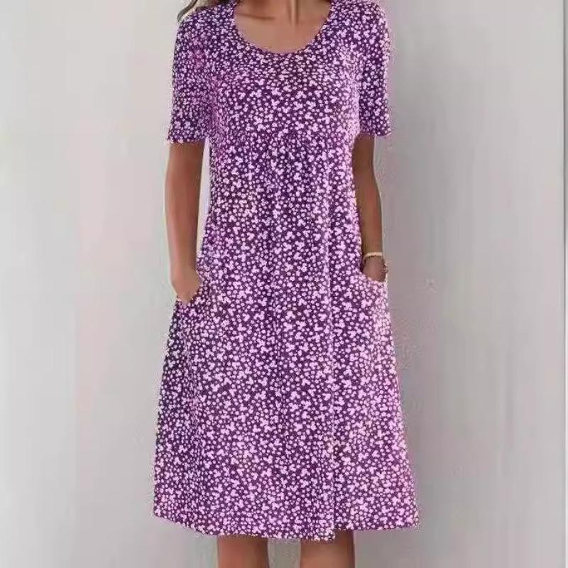 French holiday style new round neck short-sleeved floral mid-length dress women